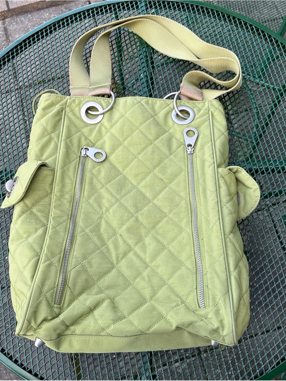 Baggallini Florence Quilted Shoulder Tote Bag Silver Lime Green Nylon Travel